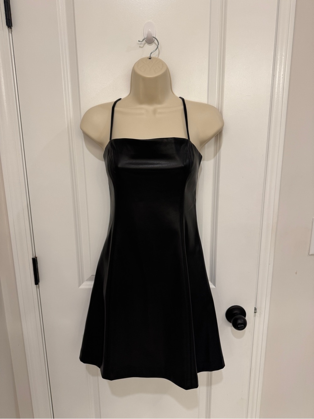 Susana Monaco Faux Leather Black Spaghetti-Strap Mini Dress | Large